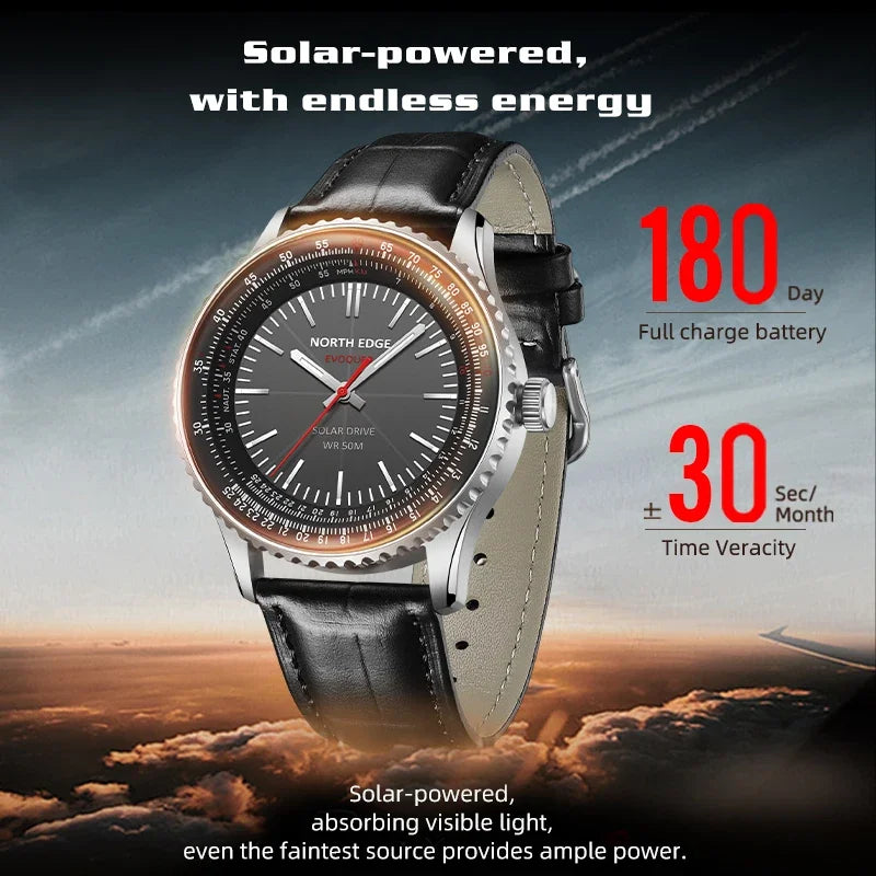 Reloj NORTH EDGE EVOQUE 3 Pilot Series para hombre, de aviación, militar, con energía solar, correa de cuero, caja luminosa de acero inoxidable.