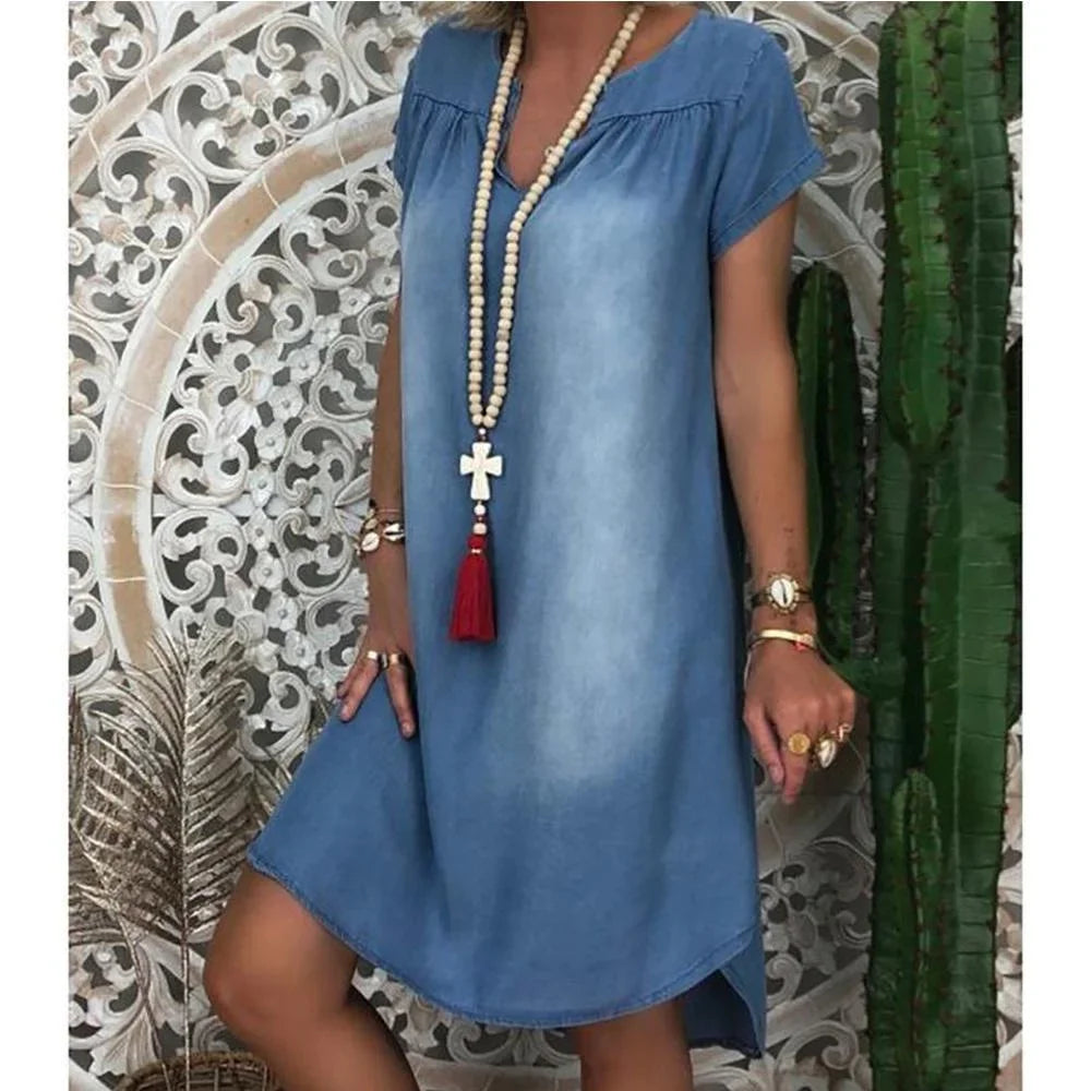 Vestido jeans casual feminino, gola V, longo, festa, manga curta solta, swing, plus size, nova moda, verão, 1XL, 5XL