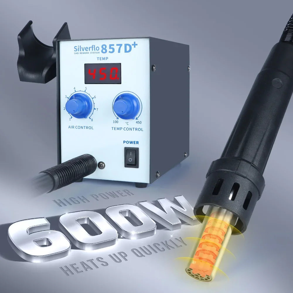 Silverflo 857D+ Soldering Station 600W  Hot Air Rework Welding Station Heat Gun With Twin-Turbo Blower for BGA SMD SOIC Repair