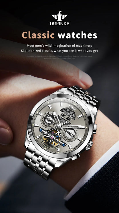 OUPINKE 3251 Skeleton Flywheel Automatic Watch for Men Stainless Steel Waterproof Wristwatch Luxury Sapphire Mirror Men's Watch