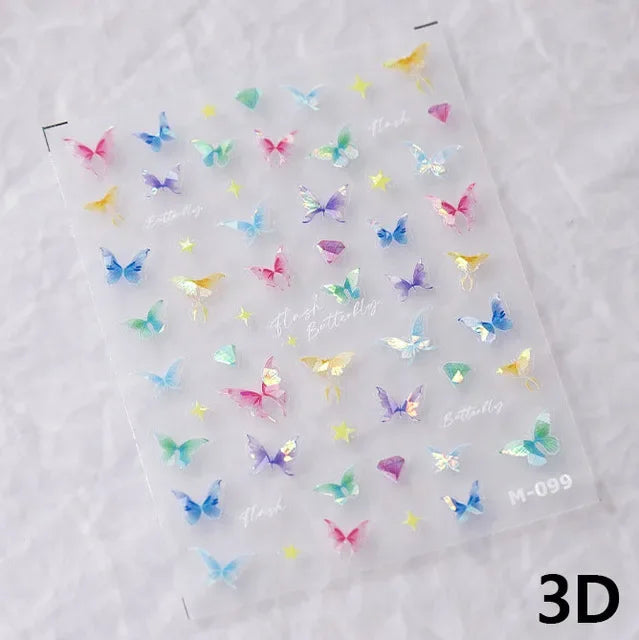 Colorful Pink Gradual Moon Star Cloud Butterfly Rhinestone 5D Soft Embossed Relief Nail Art Sticker 3D Decal Decoration Manicure