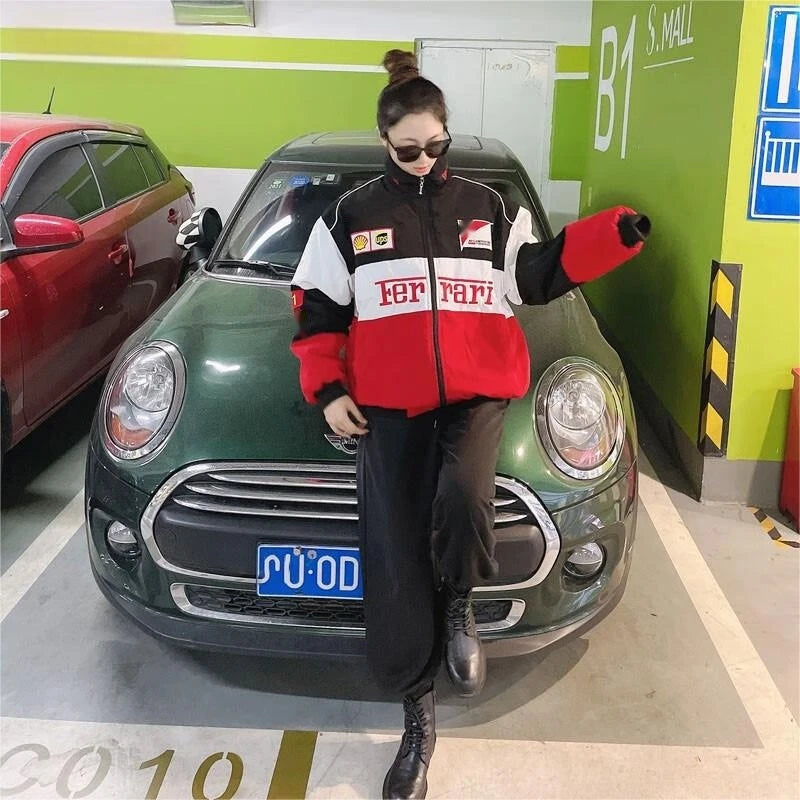 European American 2024 Spring Autumn New Cross Border Amazon F1 Rally Color Blocked Embroidered Long Sleeved Motorcycle Jacket