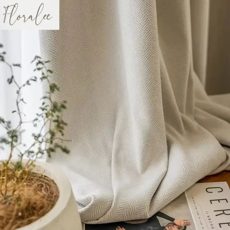 Herringbone Chenille Beige Thickened Blackout Curtains for Living Room Dining Room Bedroom Solid Color Luxury Curtains Custom