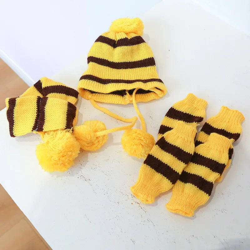 Dog Winter Wear 1 Set(hat+scarf+leg Warmers) Rainbow Stripe Knitted Dog Scarf Winter Warm Hat Footwear Sloves Pet Clothes