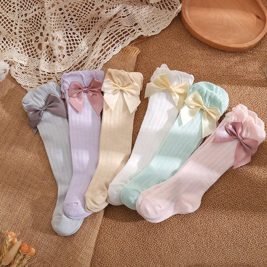Summer Baby Girls Socks With Bow Kids Long Knee High Sock Cotton Hollow Out Toddlers Socks Mesh Children Princess Socks