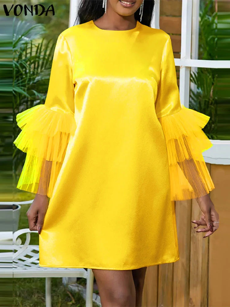 Plus Size 5XL VONDA 2024 Summer Dress Bohemian Women Short Lantern Sleeve Satin Mini Vestido V Neck Solid Elegant Party Sundress