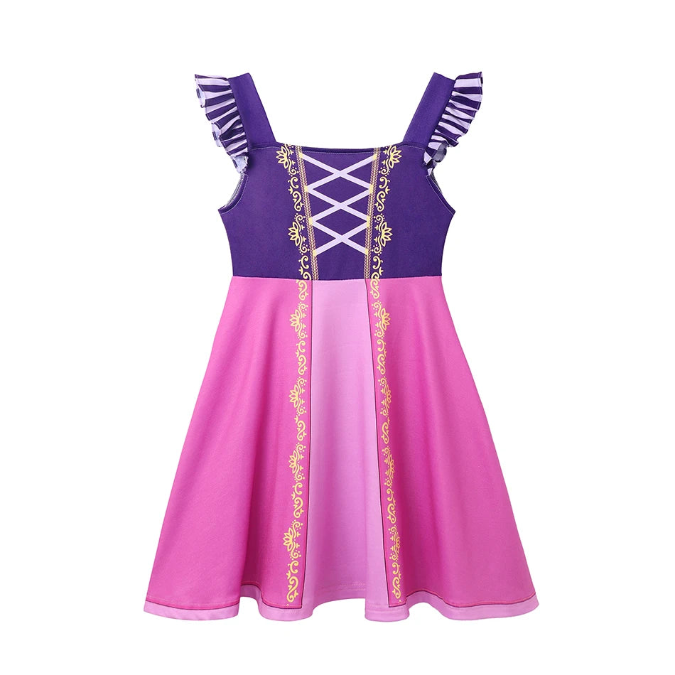 Vestido Casual Infantil para Meninas – Estilo Sereia/Rapunzel, Manga Curta, Alça em um Ombro Só, Fantasia de Princesa, Vestido Casual de Verão
