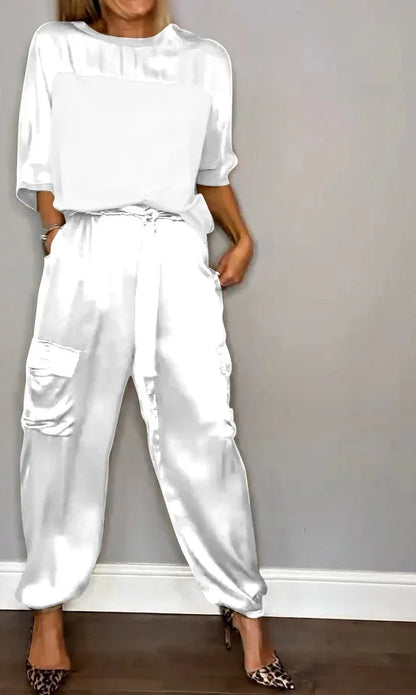 Casual Satin Shirt Pant Sets Women Fashion Pure Color Pocket Pant 2 Piece Sets Women Outfit Summer Loose Shirts Suit Ladies