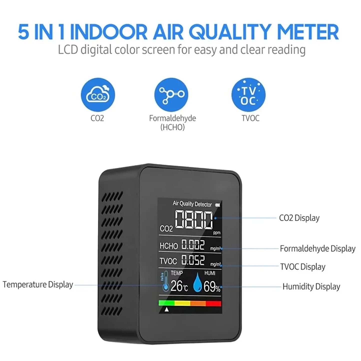 5 in 1 Digital Air Quality Monitor CO2 HCHO TVOC Humidity and Temperature Monitor CO2 Tester LCD Rechargeable