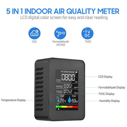 5 in 1 Digital Air Quality Monitor CO2 HCHO TVOC Humidity and Temperature Monitor CO2 Tester LCD Rechargeable