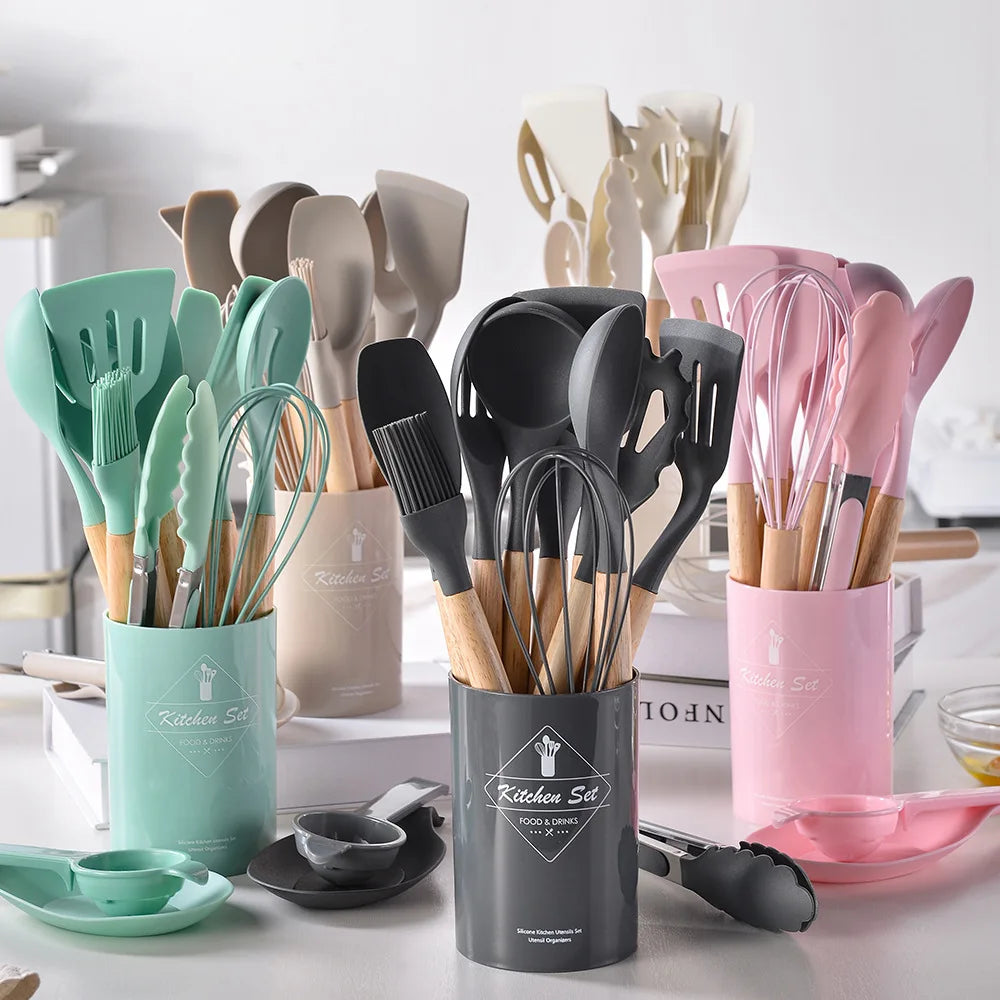 Juego de utensilios de cocina antiadherentes, espátula, pala, batidores de huevos, mango de madera, 12 Uds.