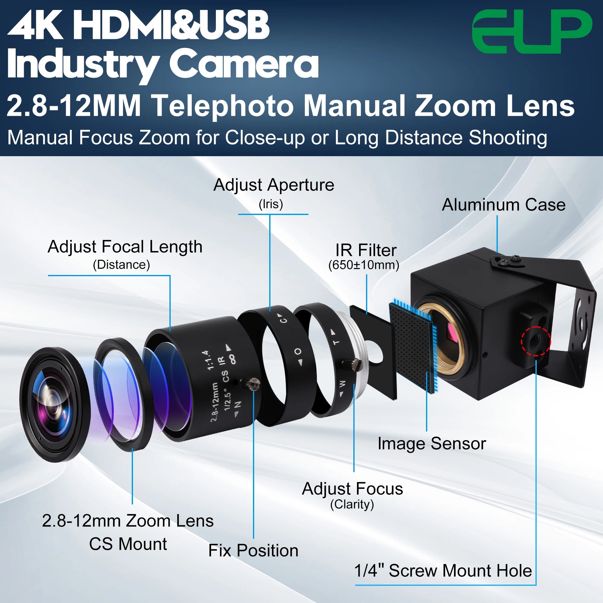 ELP 4K HDMI Camera H.264 Video Conference USB Camera with 2.8-12mm Manual Zoom Lens IMX415 Industrial CCTV Camera for Windows