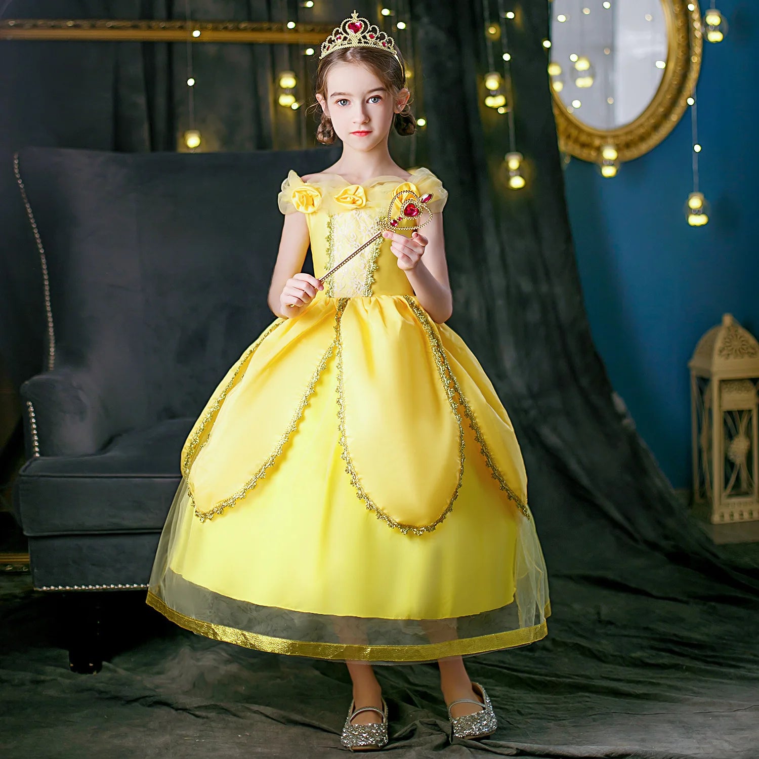 2025 Cosplay Belle Princess Dress Girls Dresses For Beauty and beast Party Clothing Magic stick crown Costume 3-12Y