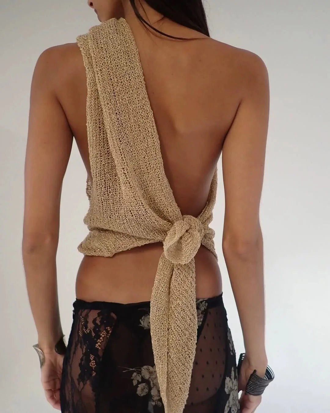 Jaded London Gold Knit Hollowed-Out One-Piece Top Halter Shawl Multi-Wear Holiday Style Halter