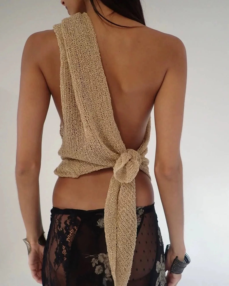 Jaded London gold knit hollowed-out one-piece top halter shawl multi-wear holiday style halter