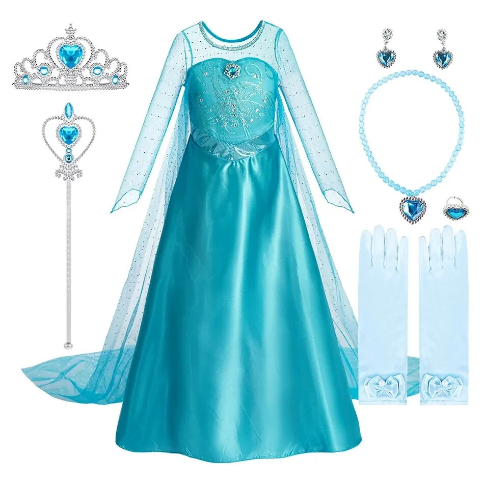 Vestido da Elsa para Halloween – Fantasia de Princesa e Capa Longa para Meninas (Roupa de Carnaval / Rainha da Neve)