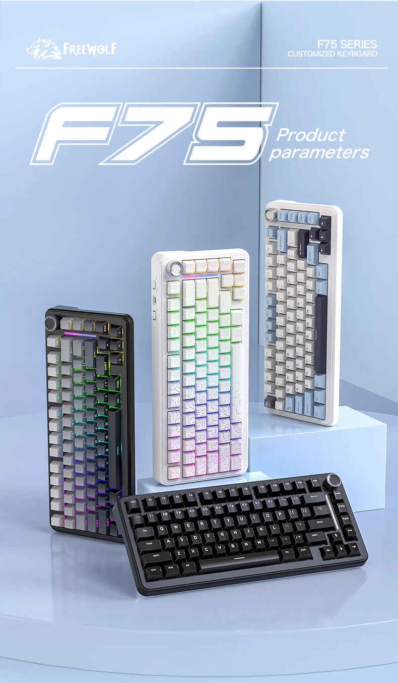 75% Hot-Swap Gaming Keyboard, Wireless FREEWOL F75 RGB Mechanical Keyboard with Metal Knobs, AULA F75 Same Model, Tri-Mode, 4000 mAh