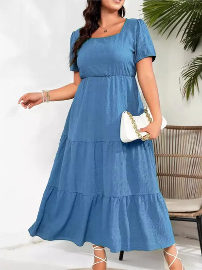 Plus size verão vestido longo feminino gola quadrada moda magro cintura alta senhoras vestidos plissado solto vestido de mulher