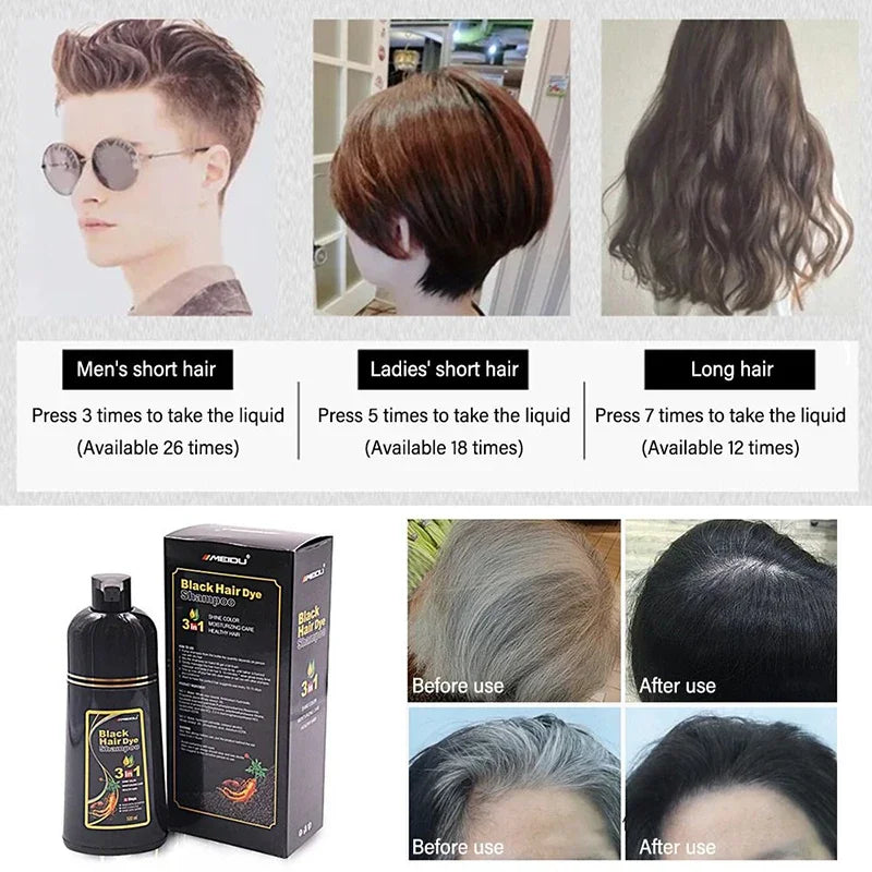 Shampoo de Coloração Instantânea Meidu 3 em 1 – Cor Preto Natural para Homens e Mulheres – Tinta de Cabelo à Base de Ervas (Opções: Castanho, Roxo)