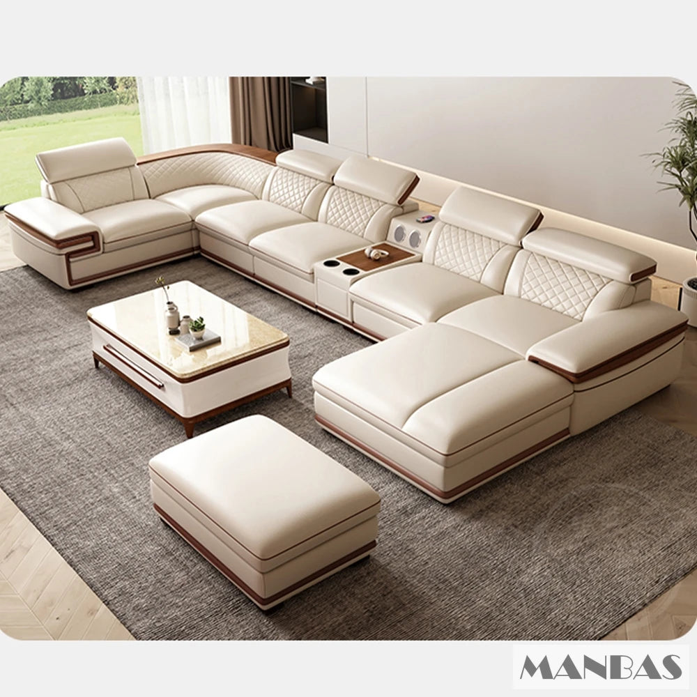 MINGDIBAO Premium Italian Genuine Leather Sofa Set for Living Room with Adjustable Headrests, Bluetooth Speaker, Wireless Charge