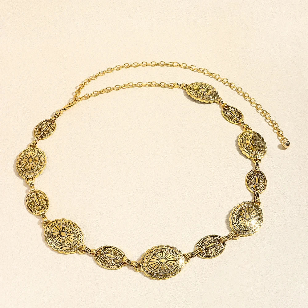 1/2pcs Retro Style WOMEN'S Metal Waist Chain Accessories Decorative Circle Carved Chain Belt High Style Accessories