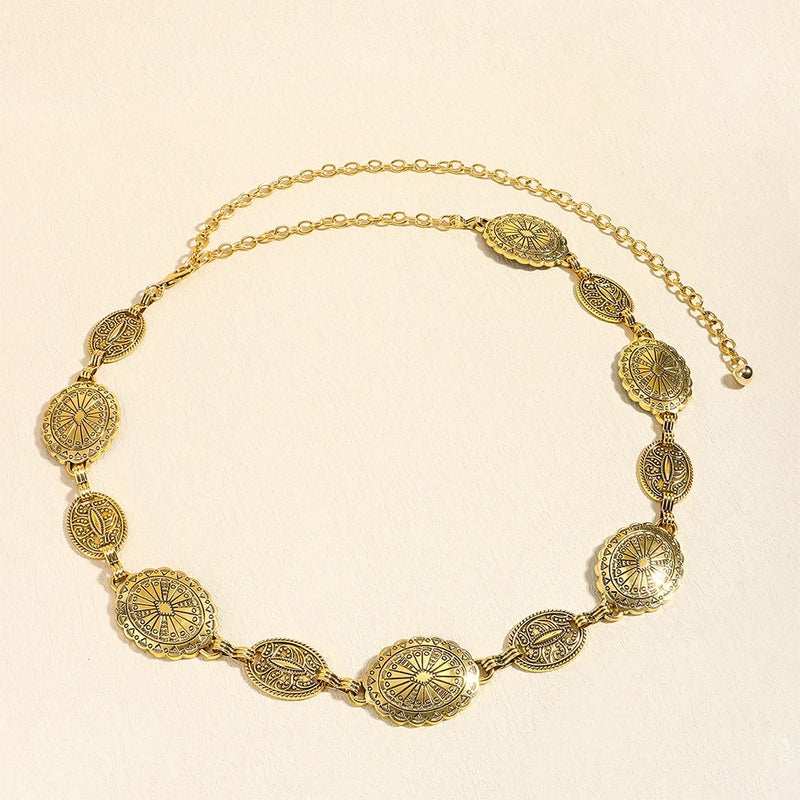 1/2pcs Retro Style WOMEN'S Metal Waist Chain Accessories Decorative Circle Carved Chain Belt High Style Accessories