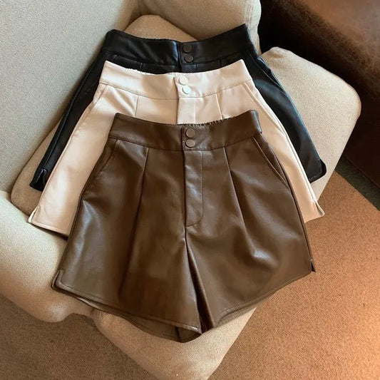 Pantalones cortos de piel sintética negros con bolsillos laterales para Mujer, Shorts Vintage de cintura alta con cremallera y cremallera, sexys, color negro, con bolsillos laterales, a la moda