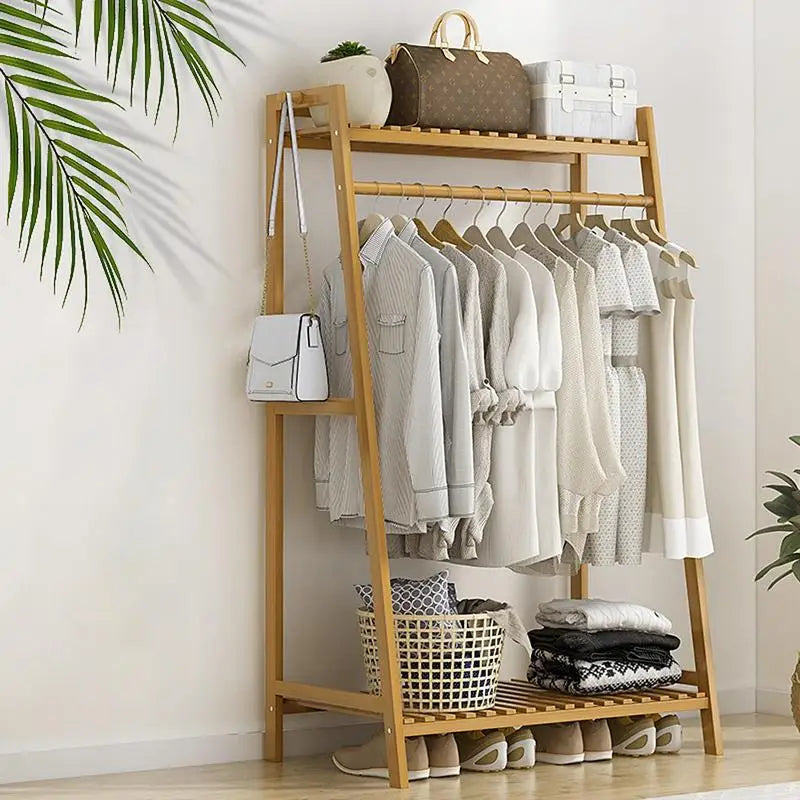 Wooden Garment Coat Clothes Hanging Heavy Duty Rack with top shelf and 2-tier Shoe Clothing Storage Organizer Shelves