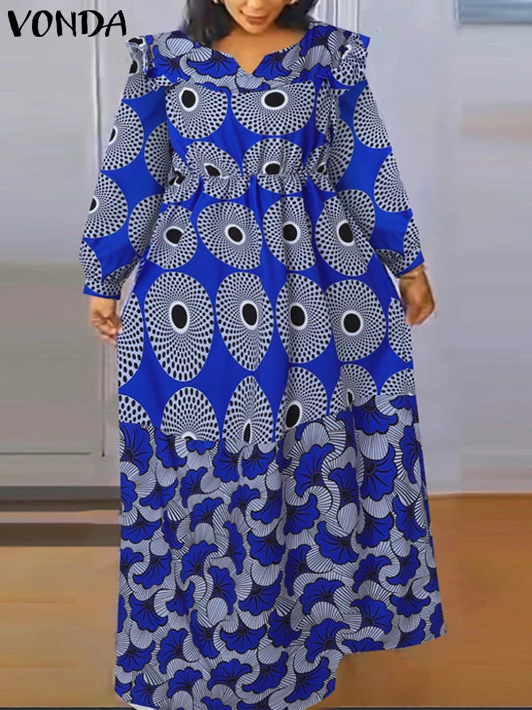 Vestido largo con estampado bohemio VONDA de talla grande 5XL para mujer, manga larga tipo farol, elegante, cuello en V, para vacaciones