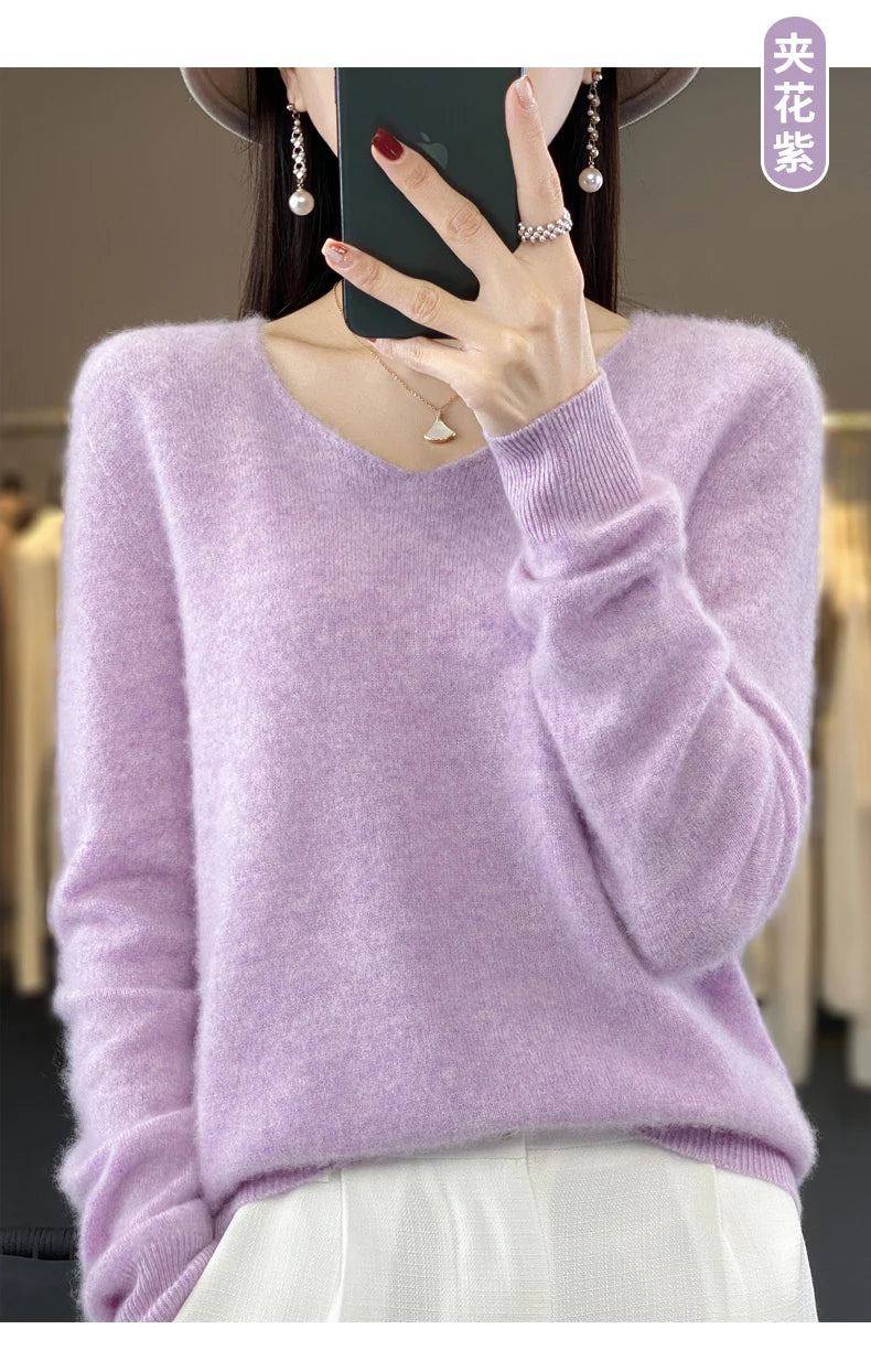 Suéter básico de otoño-invierno 2024 para mujer, 100 % lana merino, cuello en V, tejido de punto liso, jersey de oficina para mujer, manga larga, cachemir.