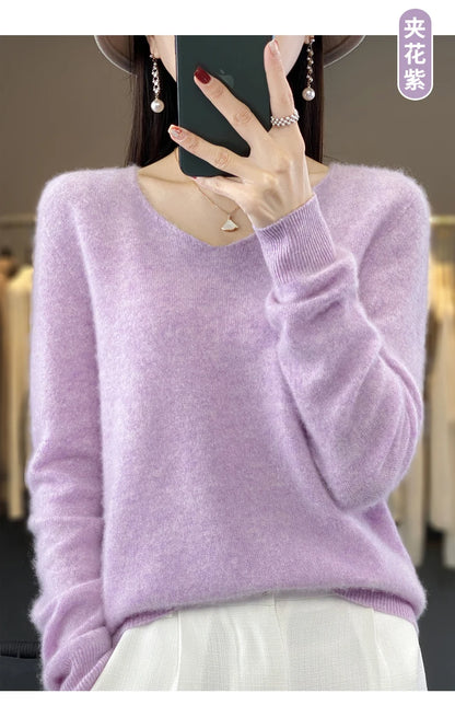 Suéter básico de otoño-invierno 2024 para mujer, 100 % lana merino, cuello en V, tejido de punto liso, jersey de oficina para mujer, manga larga, cachemir.