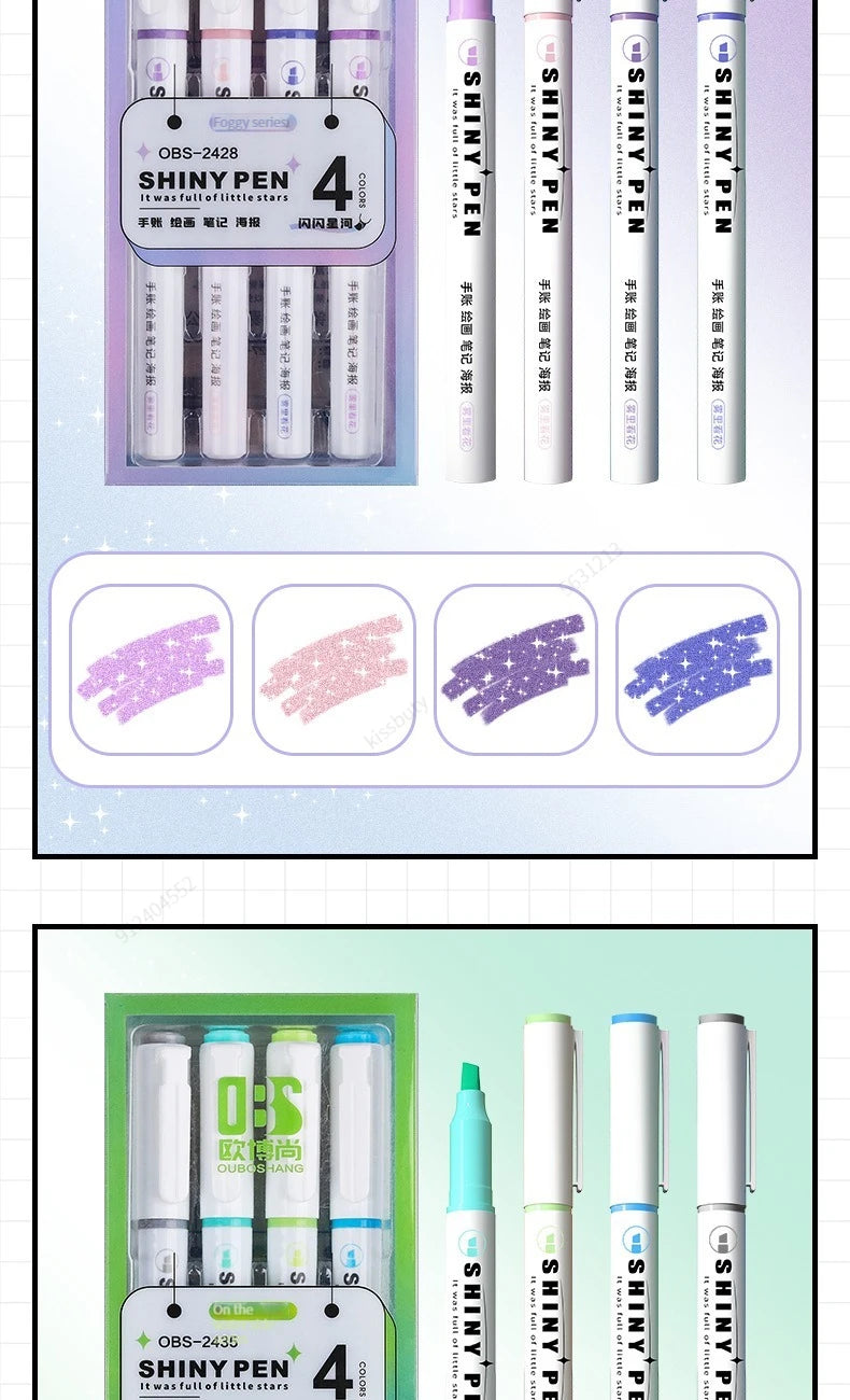 4 Colors/box Kawaii Glitter Highlighter Pen Pastel Fine Pastel Highlighter Marker Scrapbook Painted Stationery School Supplies