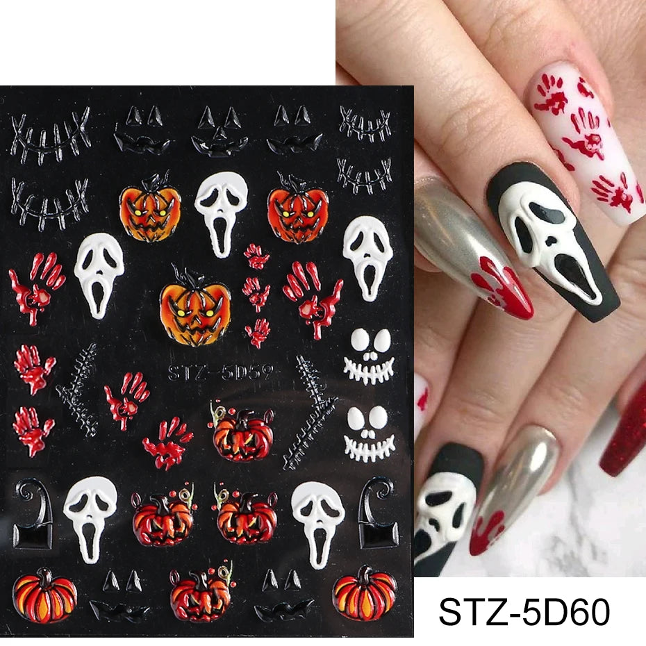Cinturón negro 5D pegatinas en relieve gótico Halloween estilete calabaza calavera telaraña cremallera manicura uñas gel autoadhesivo decoración