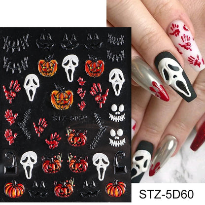 Cinturón negro 5D pegatinas en relieve gótico Halloween estilete calabaza calavera telaraña cremallera manicura uñas gel autoadhesivo decoración