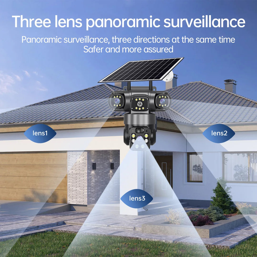 12MP 6K 3 Lens 3 Screen 4G Outdoor Solar Camera Wireless WiFi IP Cameras PIR Auto Tracking Solar Security CCTV Surveillance Cam