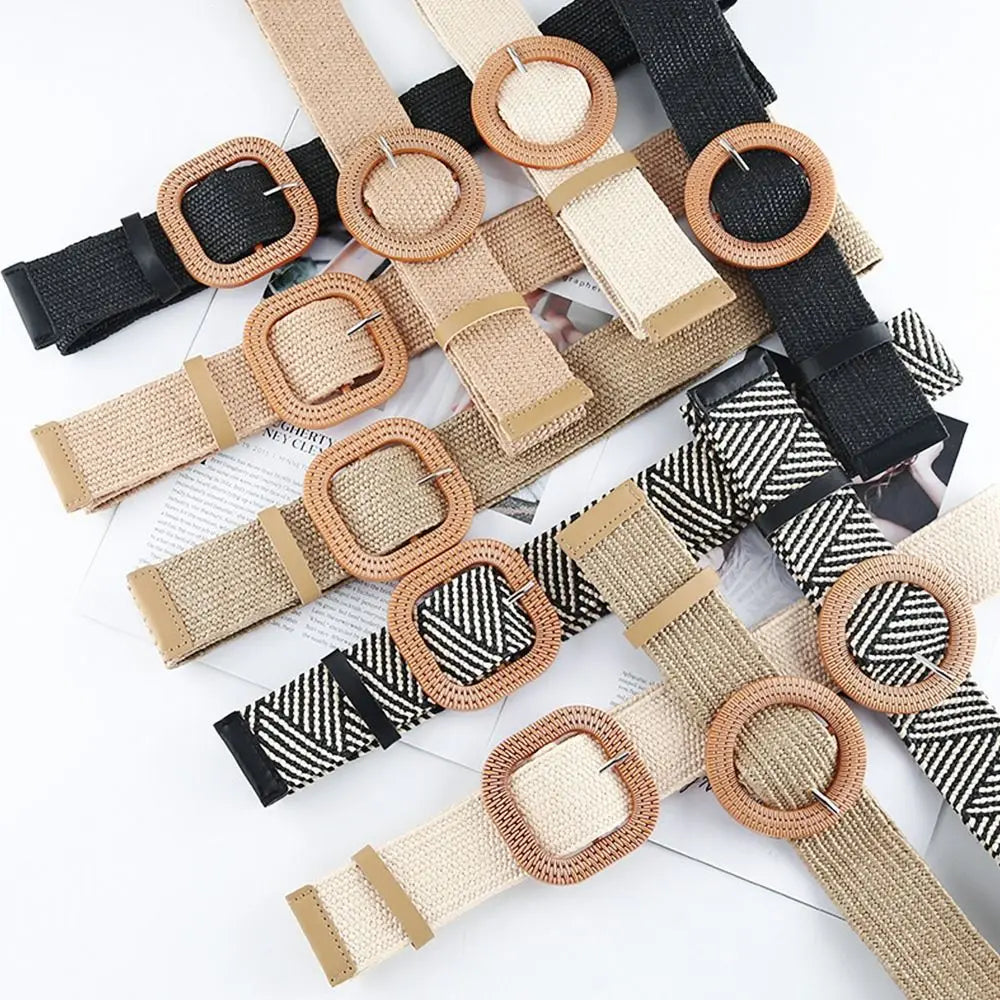 Summer Fashion Women Straw Belt Casual Bohemian Wide Summer Braided Waistbelt  Buckle Elastic Female Straw Waist Belt