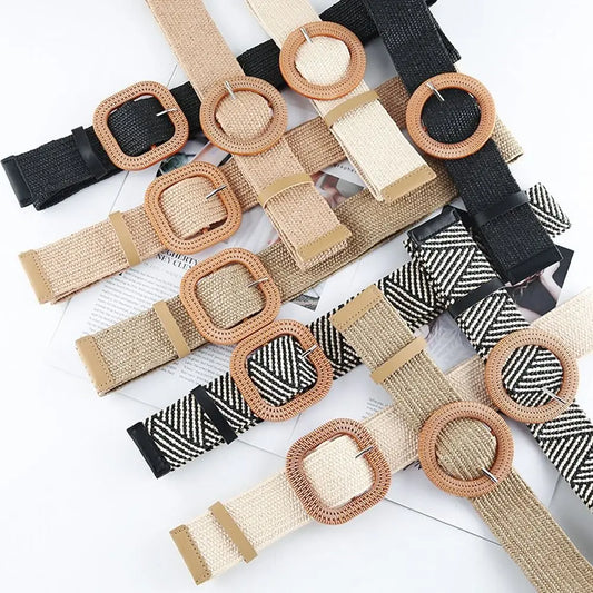 Summer Fashion Women Straw Belt Casual Bohemian Wide Summer Braided Waistbelt  Buckle Elastic Female Straw Waist Belt