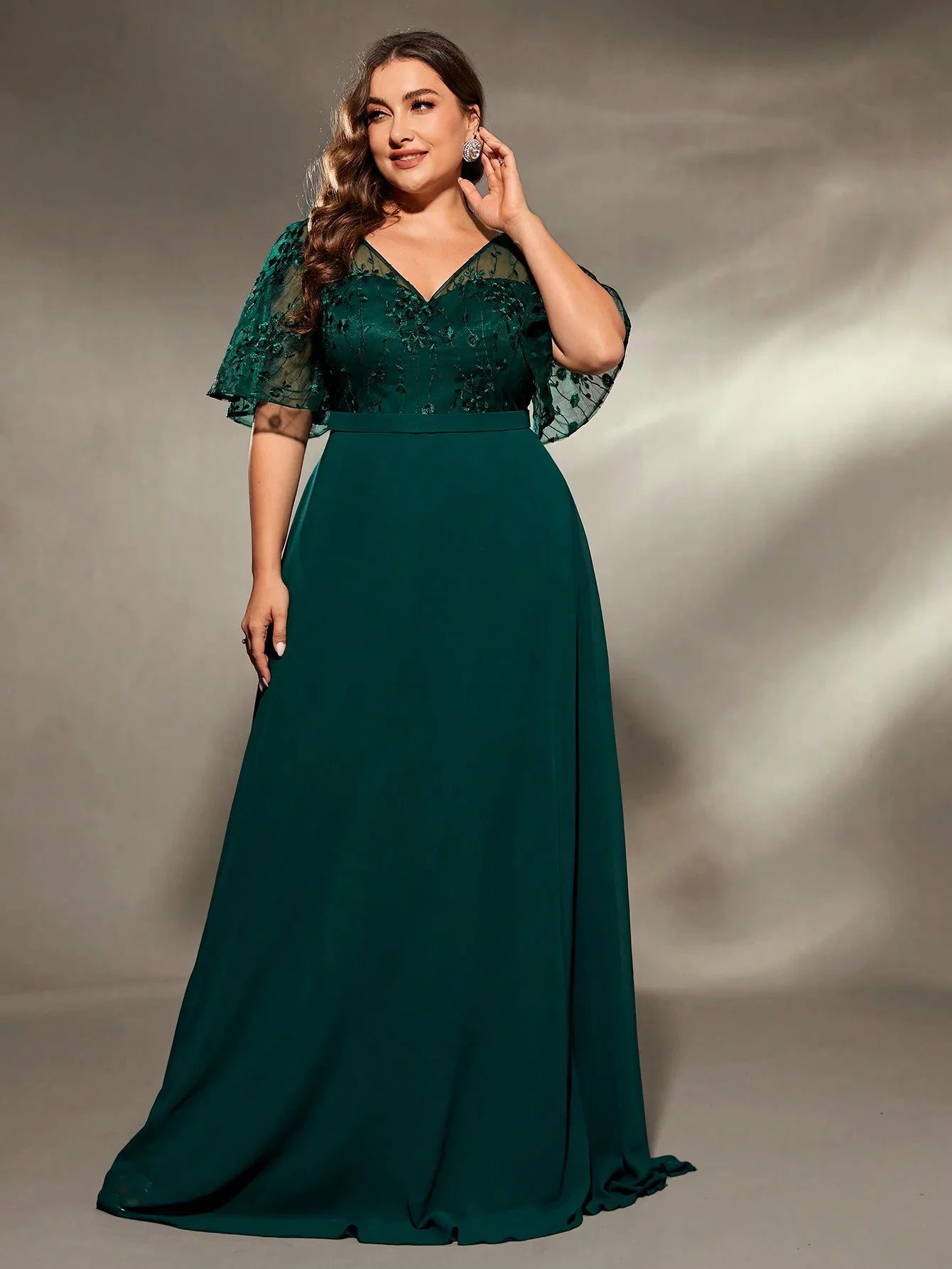 Mgiacy plus size V-neck See-through trumpet sleeve embroidered chiffon full skirt Evening gown Ball dress Party dress
