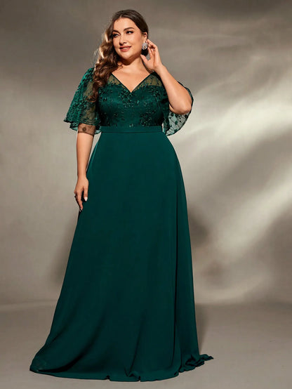 Mgiacy plus size V-neck See-through trumpet sleeve embroidered chiffon full skirt Evening gown Ball dress Party dress
