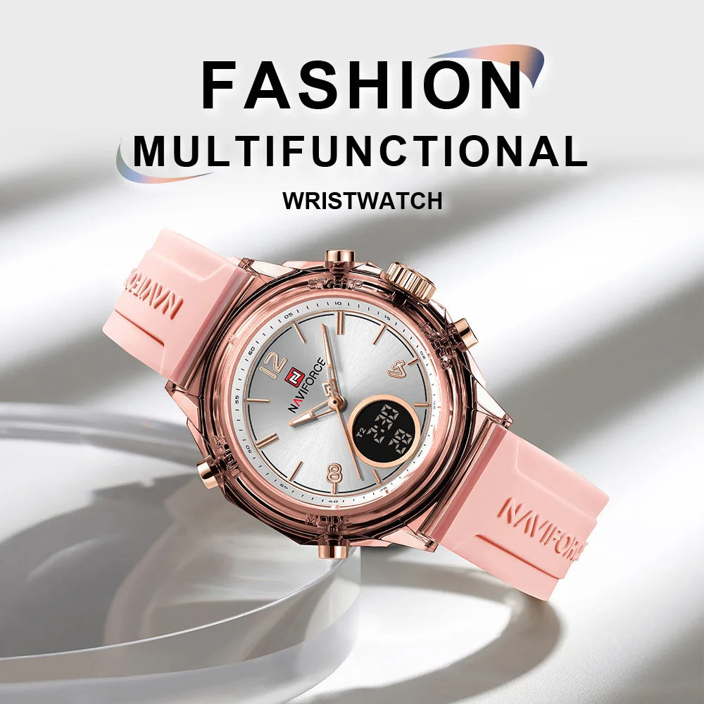 Relojes NAVIFORCE para mujer, nuevo diseño, esfera pequeña, deportivos, para mujer, resistente al agua hasta 5 ATM, reloj de pulsera de cuarzo con pantalla LCD digital, reloj para mujer