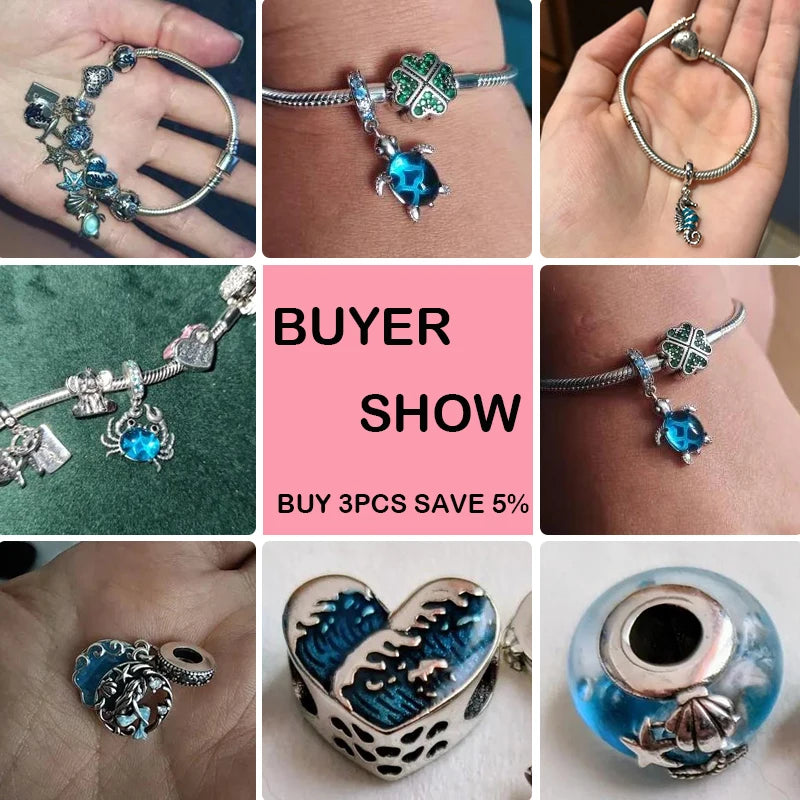 Ocean Series - Original Genuine 925 Sterling Silver Turtle Crab Mermaid Charm Beads Suitable for 3mm Bracelet DIY Making Pendant