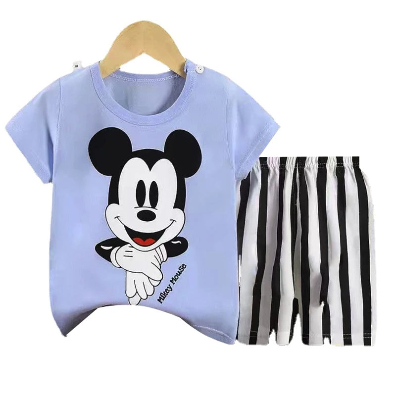 Mickey Mouse Summer T-shirt Shorts Children's Short Sleeve Set Cotton Tees Tracksuits Boys Girls Clothes Casual Two Piece