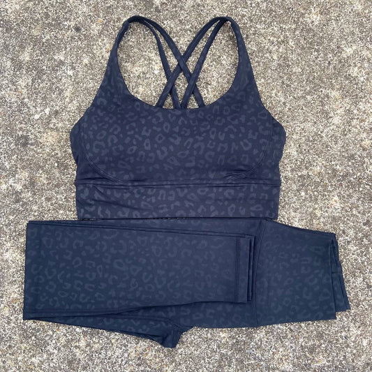 Solid Color Gym Fitness Set Tight Soft Cross Fitness Bra 2pc Compression High Waist Yoga Legging Suit Comprehensive Training Jog