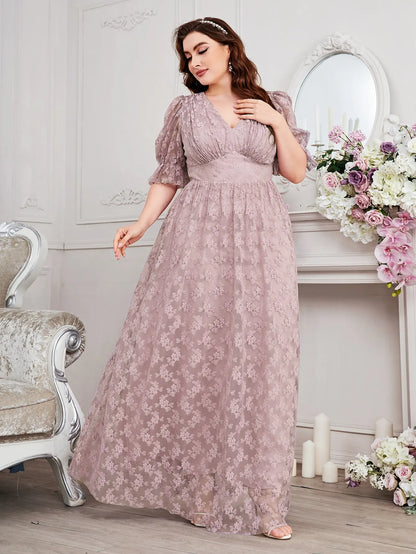 Vestido de noite feminino curvilíneo de renda – vestido maxi sem mangas com decote em V para casamentos de verão (tamanho grande)