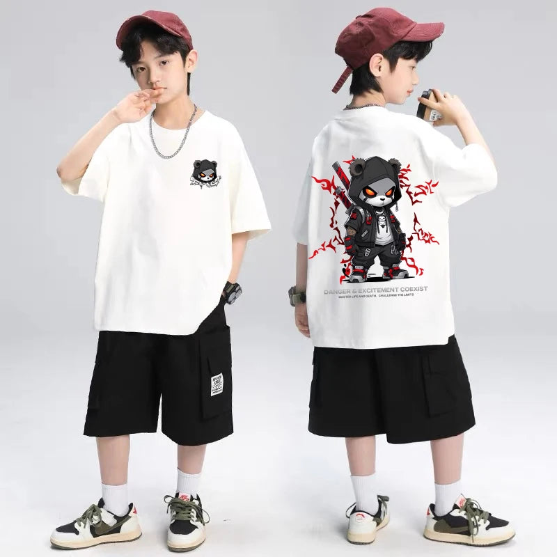 2025 Children's Clothing American Vintage Bear Print Graphic T Shirts Boys Summer Cotton Short-sleeved T-shirt Tops Streetwear