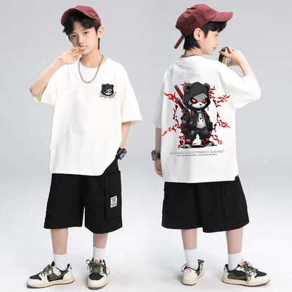 2025 Children's Clothing American Vintage Bear Print Graphic T Shirts Boys Summer Cotton Short-sleeved T-shirt Tops Streetwear