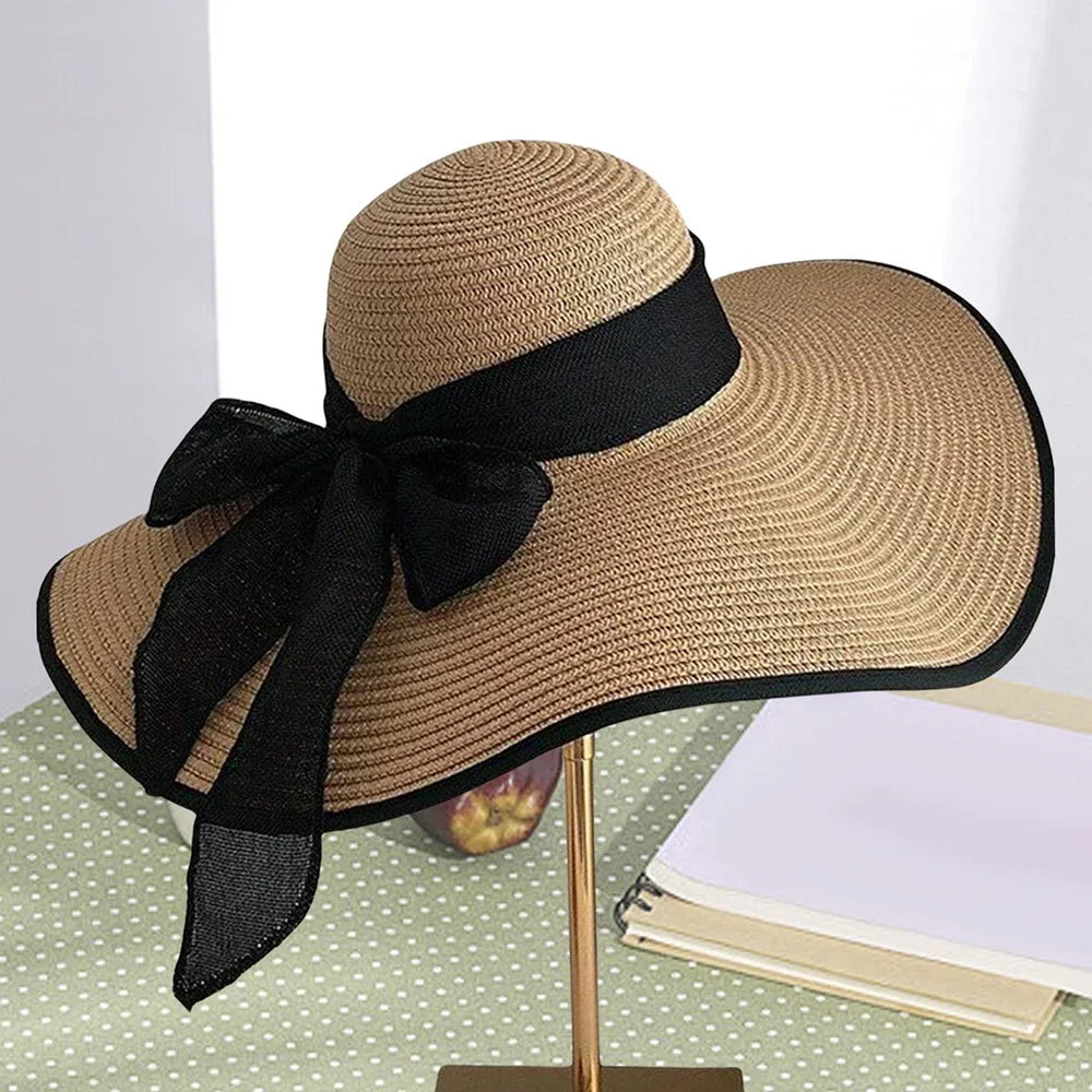 1Pc Women's Seaside Bow Beach Hat Oversize Straw Hat Women's Summer Sun Block Big Brim Hat Suitable For Sun Protection