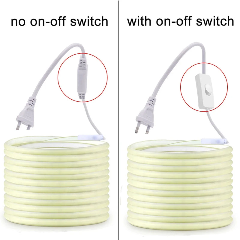 220V Led Strip with ON/OFF Switch Waterproof COB LED Strip 220V Flexible Ribbon for Room Bedroom Kitchen Outdoor Garden Lighting