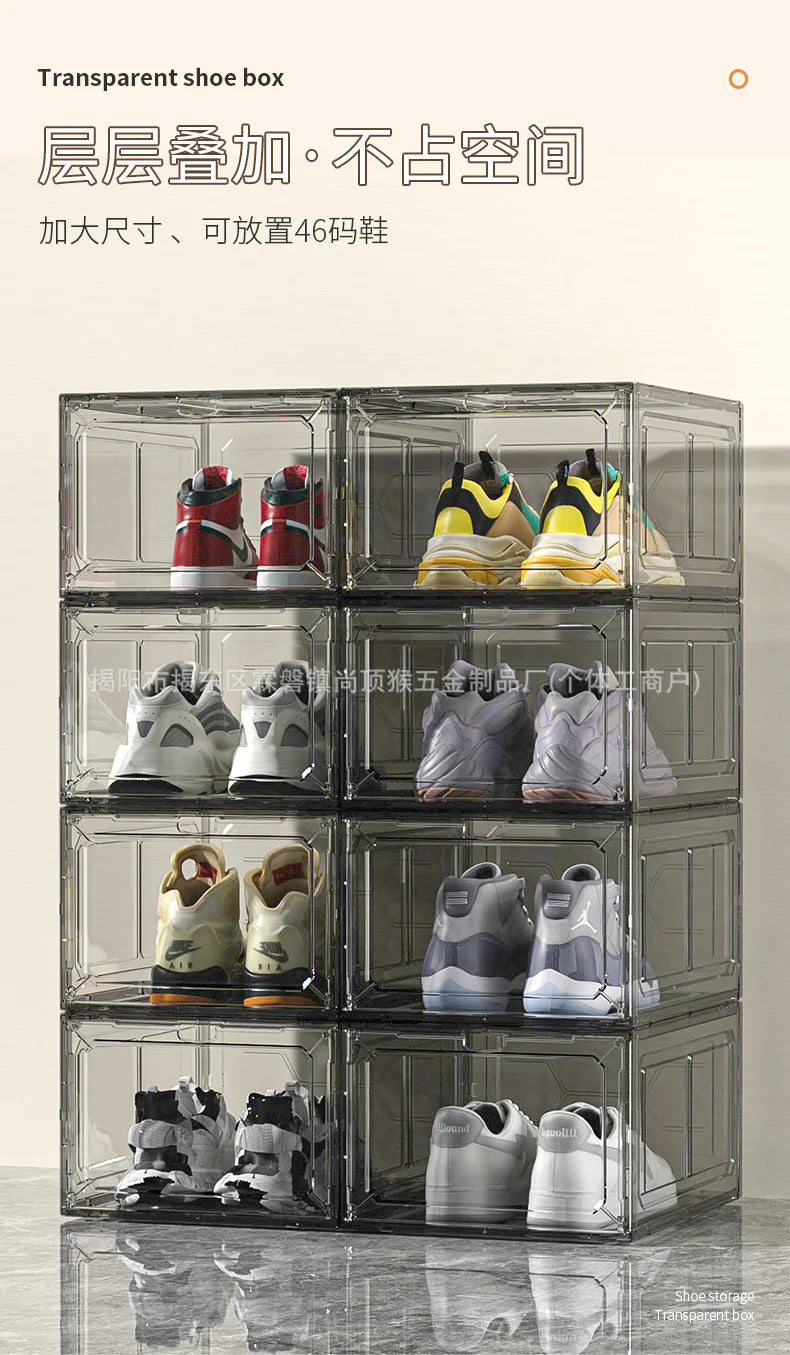 Transparent shoe box, magnetic suction door, thick plastic storage box, detachable dustproof shoe storage box