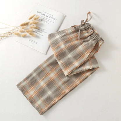 Plus Size Japanese Minimalist Checked Women Pajamas Trousers Women Soft Home Pants Loose Casual Pants Elastic Waist Home Pants